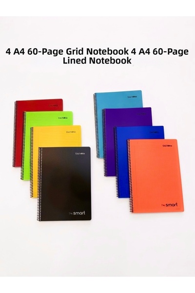 Smart Uni Note A4 Spiral Notebook Set 8 Pieces (4 Squares + 4 Lines) 60 Sheet...