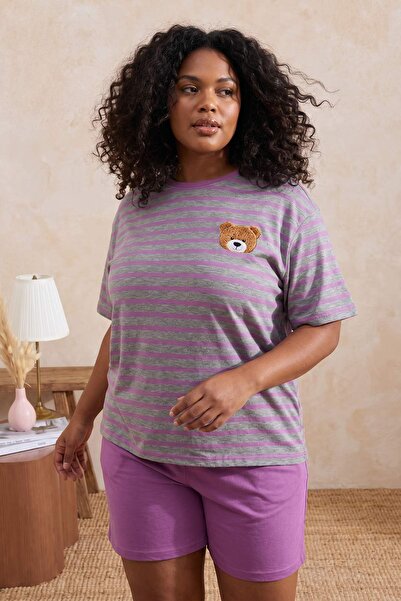 Trendyol Curve Grau-Mehrfarbiges, gestreiftes, gestricktes Pyjama-Set mit Ted...