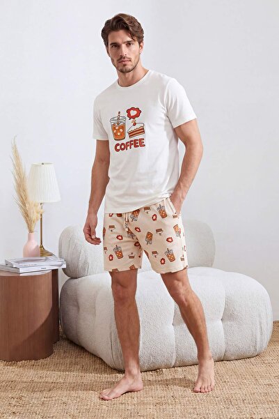 Trendyol Kollektion Ecru Couple/Double Regular Coffee Themed Summer Knitted P...
