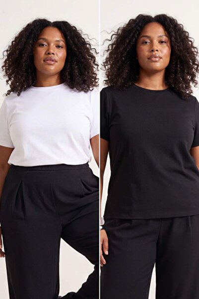 Trendyol Curve Schwarz-weißes 2er-Pack Basic-T-Shirt in Übergröße mit Oversiz...