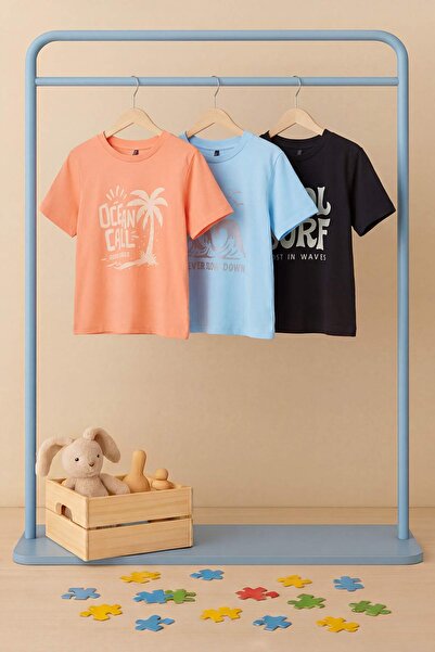 TRENDYOLKIDS Orange-Black-Blue Plain Knitted T-Shirt Tkdss26Ts00016