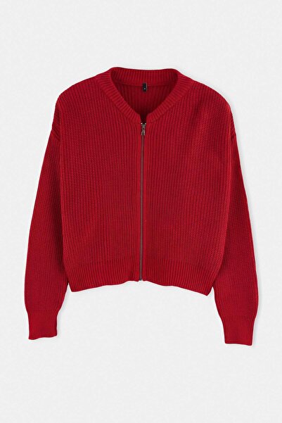 Trendyol Collection Tile Wide Pattern Bomber Collar Zippered Knitwear Cardiga...
