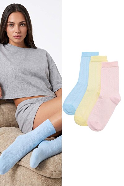 Trendyol Collection Yellow-Pink 3-Piece Cotton Plain Jacquard Knitted Socks T...