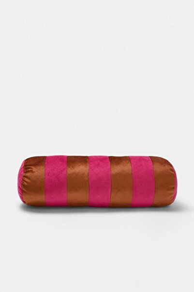 TRENDYOLMİLLA HOME Fuchsia-Orange Velvet Padded Cylinder Throw Pillow 50cm