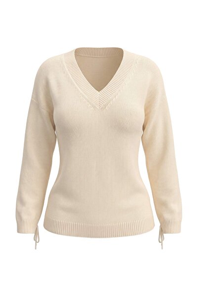 Trendyol Curve Ecru V-Neck Knitwear Sweater with Gathered Sleeves Tbbaw23An00023
