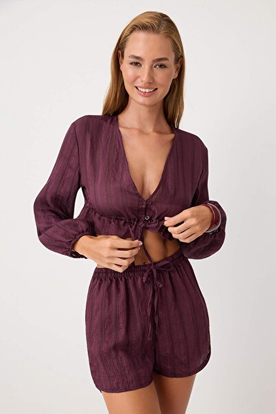 Trendyol Collection Plum Woven Ruffle Detailed Crop Beach Blouse Shorts Set T...