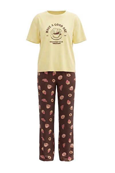 Trendyol Collection طقم بيجامة محبوك من القطن 100% مطبوع باللون الأصفر 30/1 T...