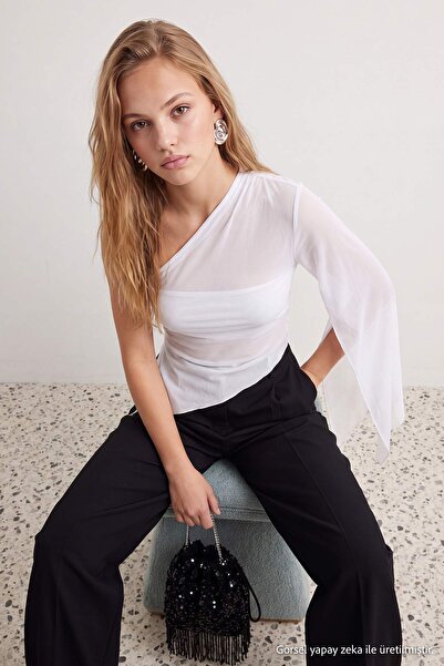 Trendyol Collection Bluză albă din tul pentru petrecere, cu o singură mânecă ...