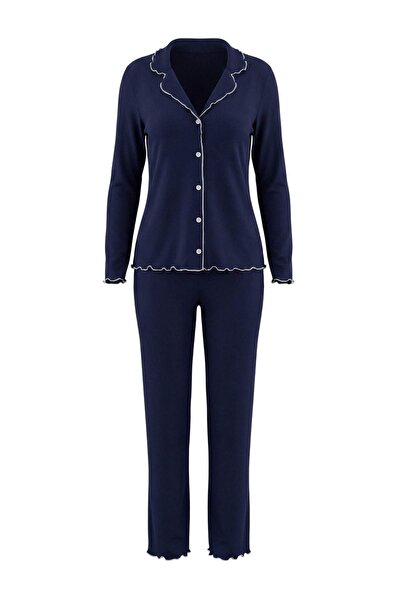 Trendyol Collection Set de pijamale tricotate cu nervuri, din bumbac, albastr...