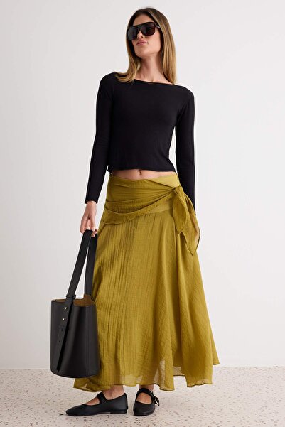 Trendyol Collection Fustă lungă maxi căptușită, cu detaliu de legătură, verde...