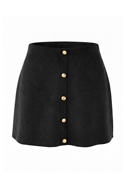 Trendyol Collection تنورة سوداء مسطحة بأزرار على شكل حرف A/على شكل جرس، تنورة...