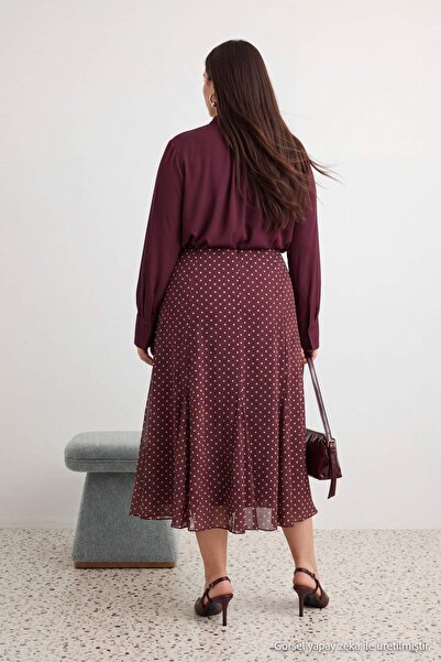 Trendyol Curve Brown Polka Dot Patterned Tulle Knitted Plus Size Skirt Tbbaw2...