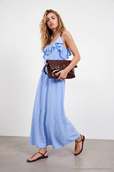 Drop by TrendyolMilla Blue Rope Strap Lined Modal Long Dress Tdrss26El00118