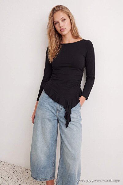 Trendyol Collection Black Plain Fitted Crew Neck Long Ruffle Asymmetrical Lyc...