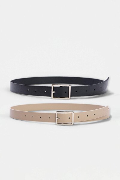 TRENDYOL SHOES Black-Beige Double Pack Square Buckle Women's Belt Tedss24Ke00017