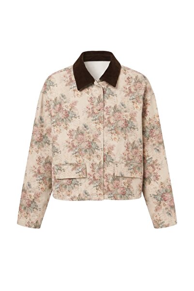 Trendyol Collection Multi-Colored Floral Patterned Denim Jacket with Collar D...