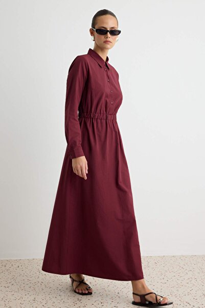 Trendyol Modest Burgundy Elastic Waist Openable Buttoned Woven Cotton Dress T...