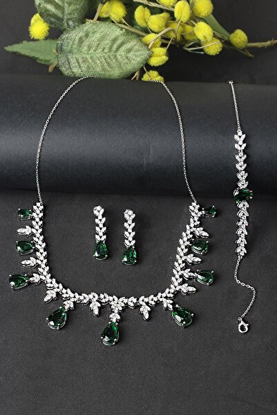 BY BARUN SİLVER Gümüş Set Gerdanlık Safir Zümrüt Yakut Rengi 925 Ayar Zirkon ...