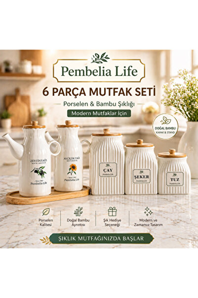 Kitchen Pembelia 6 Parça Bambu Standlı Papatya Porselen 1000ml Yağdanlık Ve 3...