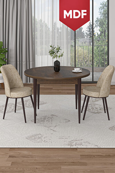 Canisa Tor Serisi MDF Yuvarlak 90x90 Barok Ahşap Desenli Sabit Masa 2 Krem Sa...