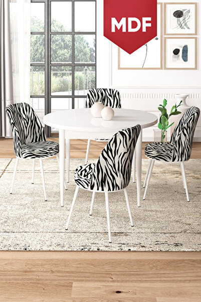 Canisa Concept Tor Serisi MDF Yuvarlak 90x90 Beyaz Sabit Masa 4 Zebra Desen S...