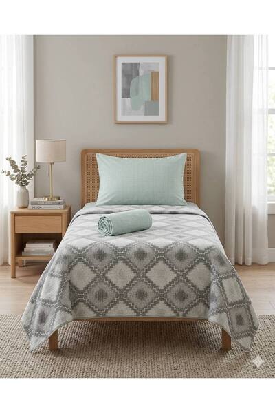 ŞENER HOME Σετ μονό πικέ με σχέδιο καμβά με σεντόνι και λάστιχο - μέντα