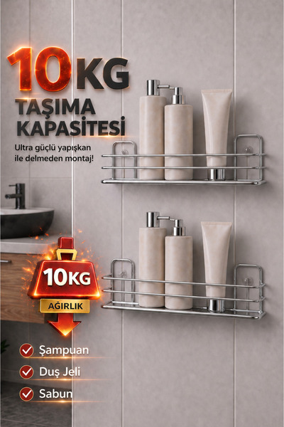 Sas Haus Yapışkanlı Banyo Düzenleyici Şampuanlık Duş Rafı 2 Adet Krom Tş-01