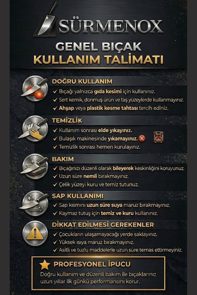 SÜRMENOX Sürmene Serisi Sivri Mutfak Şef Bıçağı Kahve Verzalit Sap Kamp Outdoor Bıçak Deri Kılıflı HDS-125