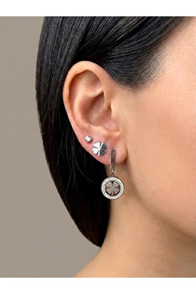 aurora dükkan Steel Silver Color Clover Single Stone Multiple Earrings