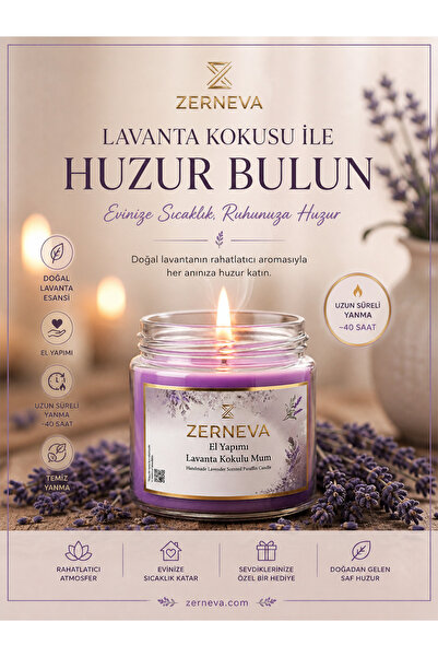 ZERNEVA Lavanta Kokulu Mum - El Yapımı Hediyelik Dekoratif Cam Kavanoz Mum (3...