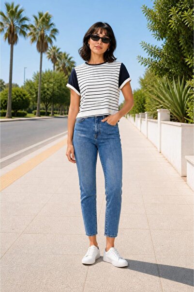 ALEXANDERGARDI ΡΙΓΕ ΣΚΟΥΡΟ ΜΠΛΕ CROP T-SHIRT (B21-326 00)