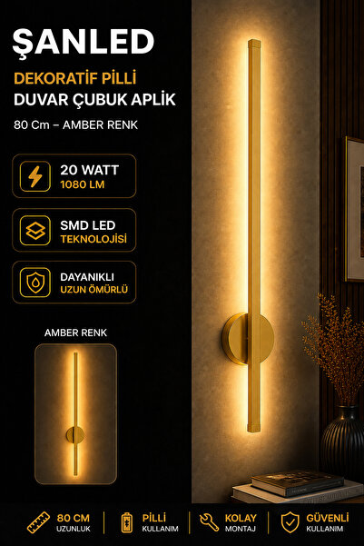 ŞANLED Dekoratif 20W İç Mekan Gold Kasa Amber Işık Rengi 80 cm Duvar Aplik Pİ...