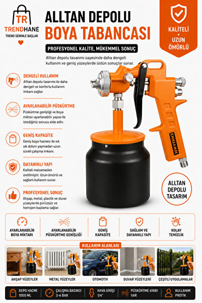 Trendhane MK1301 Alttan Depolu Boya Tabancası – 1.8 mm Ayarlanabilir Nozul, 1...