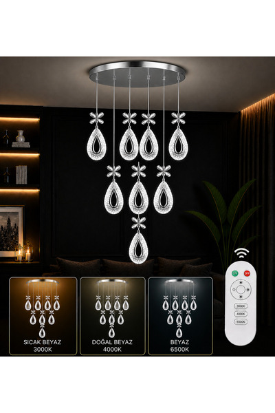 Marsel Lighting YAGMUR 8Lİ KROM AVİZE 3 RENK LED SECENEKLİ SALON OTURMA ODASI...