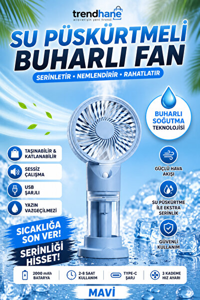 Trendhane Sulu Püskürtmeli El Fanı Taşınabilir Mini Vantilatör Şarjlı USB Soğ...