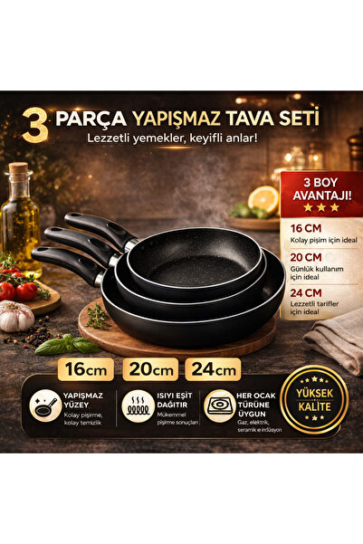 GURKAN Teflon Tava Seti 18+22+26 Cm Siyah Renk Teflon Tava Seti Yanmaz Yapışm...