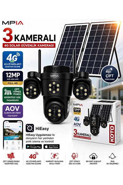 MPIA KOTO 12 MP 3 Lensli Full HD 4G Sim Kartlı Solar Güvenlik İP Kamera