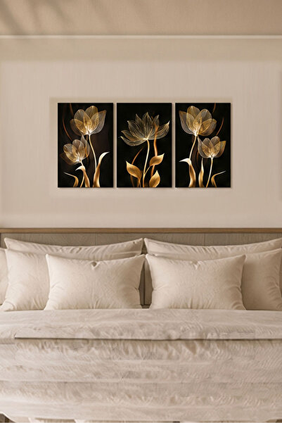 MARNELLO CONSEPT Çizgisel Çiçek Motifli 3 lü Tablo Seti - Modern Dekoratif Du...