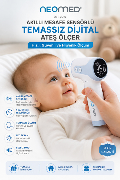 neomed DET-3023 Premium Akıllı Mesafe Sensörlü Led Işıklı Temassız Dijital Ateş Ölçer