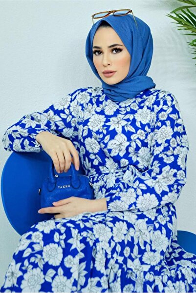 TRENDTESETTÜR KADIN LACİVERT (SAKS) ÇİÇEK DESENLİ KUŞAKLI ELBİSE 32140