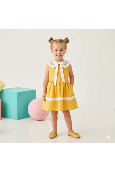 Baby Nakışlı Bebe Yaka Fiyonk Detaylı Kuşaklı Kız Çocuk Elbise