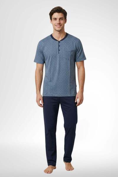 Mecit Pijama Mecit 4003 Indigo Male Pajama Set with Large Size Short Sleeves