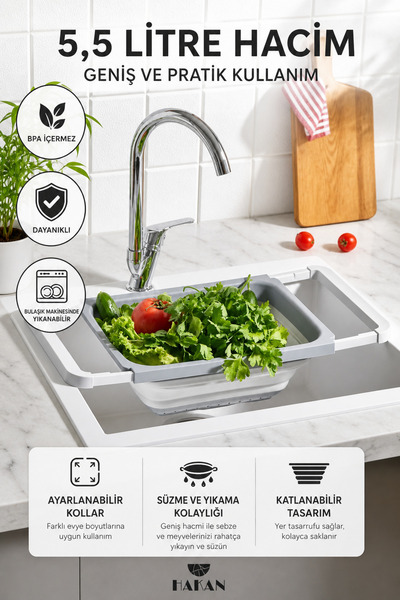 Stile Cucina Silicone Large Size Accordion Foldable Sink Strainer - Strainer with Handle that Can Be Hanged on the Sink 5,5lt