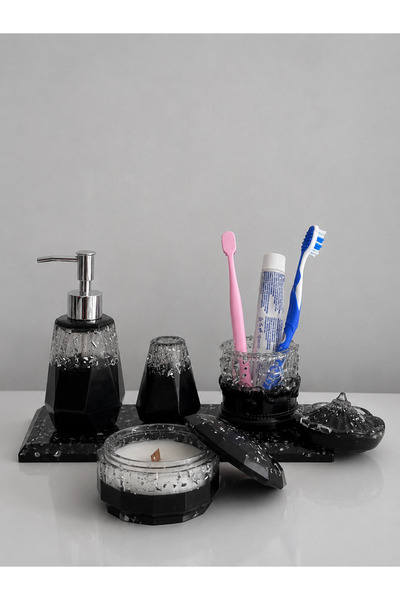ARTEVIA HOME Black White Aura Epoksi Banyo Sabunluk Seti - Sıvı Sabunluk, Fır...