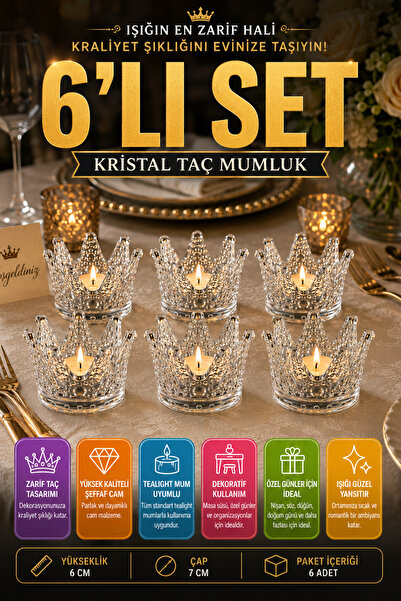 Open Home Concept 6'lı Set Kristal Taç Mumluk Şeffaf