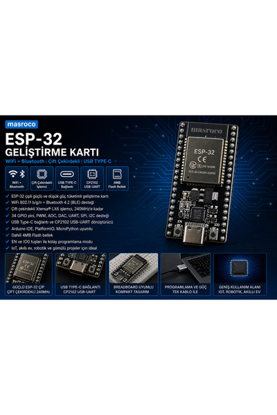 ESP 32 WiFi + Bluetooth Geliştirme Kartı (Type-C + CP2102) – Breadboard ve US...