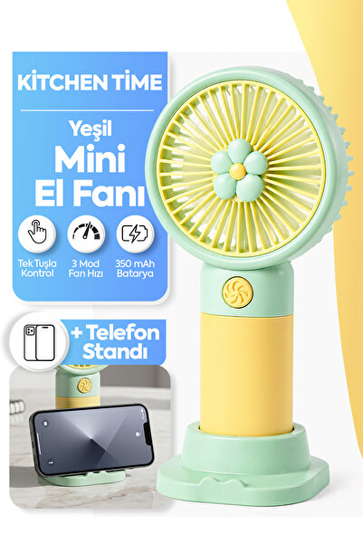 Kitchen Time Yeşil Çiçek Tasarım 3 Kademe Sessiz Mini El Masa Fan Vantilatör ...