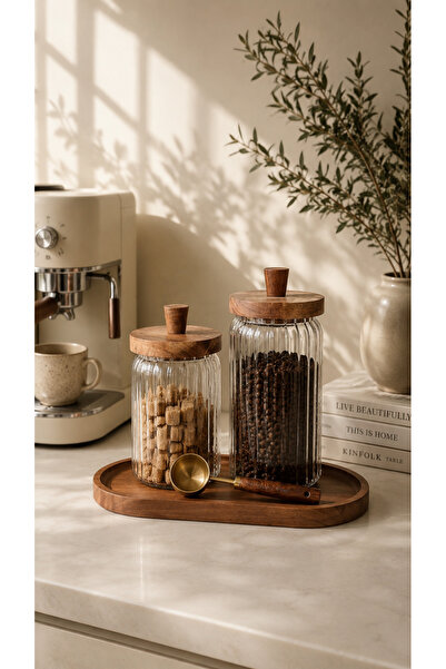 Mottogo Coffee Corner Set of 2 Acacia Lid Glass Jars 700 Ml–950 ml Organizer ...