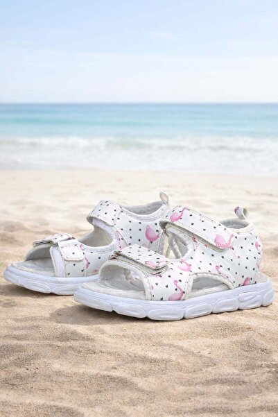 Rakerplus Beyaz Flamingo Cırtlı Bebek Sandalet Ayakkabı