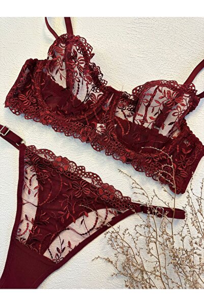 dem merys Burgundy Floral Print Underwire Bra Set